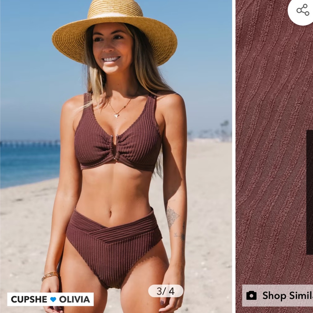 Downy Rib V-Wire Bralette & V-Front High Waist Cheeky Bikini Set Cupshe